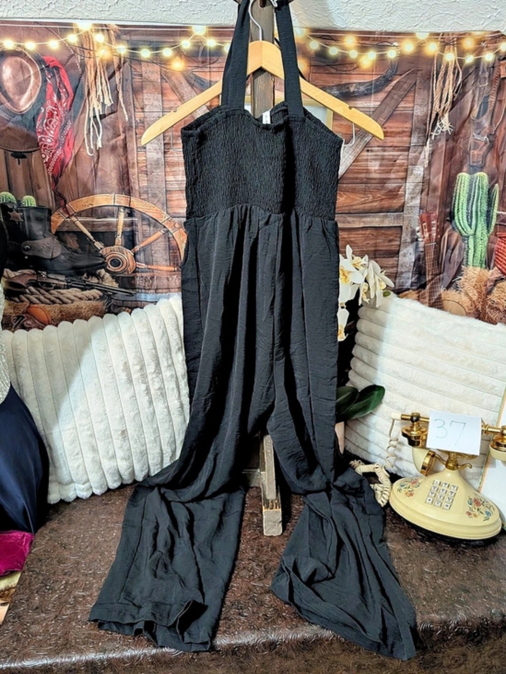 DOKOTOO Womens Smocked Halter Wide Leg Jumpsuit Black